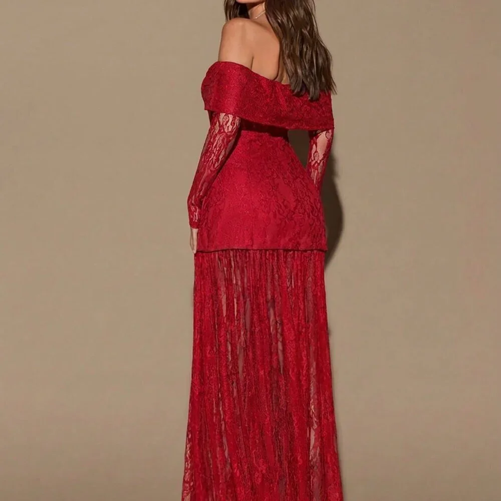 Red Elegant Women's Lace Off Shoulder Long Sleeve Dress - Picture 2 of 6